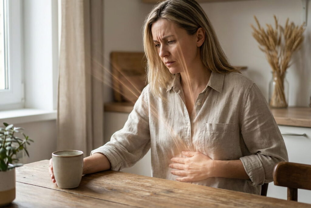 Frau mittleren Alters praktiziert Entspannung zu Hause, Stressmanagement