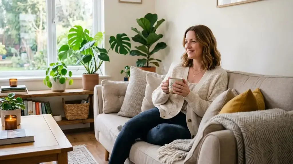 Frau mittleren Alters entspannt zu Hause, Thema Darmgesundheit und Verdauung