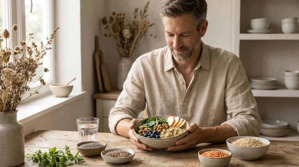 Frische gesunde Lebensmittel auf Holztisch, natürliche Ernährung für Frauen 40+