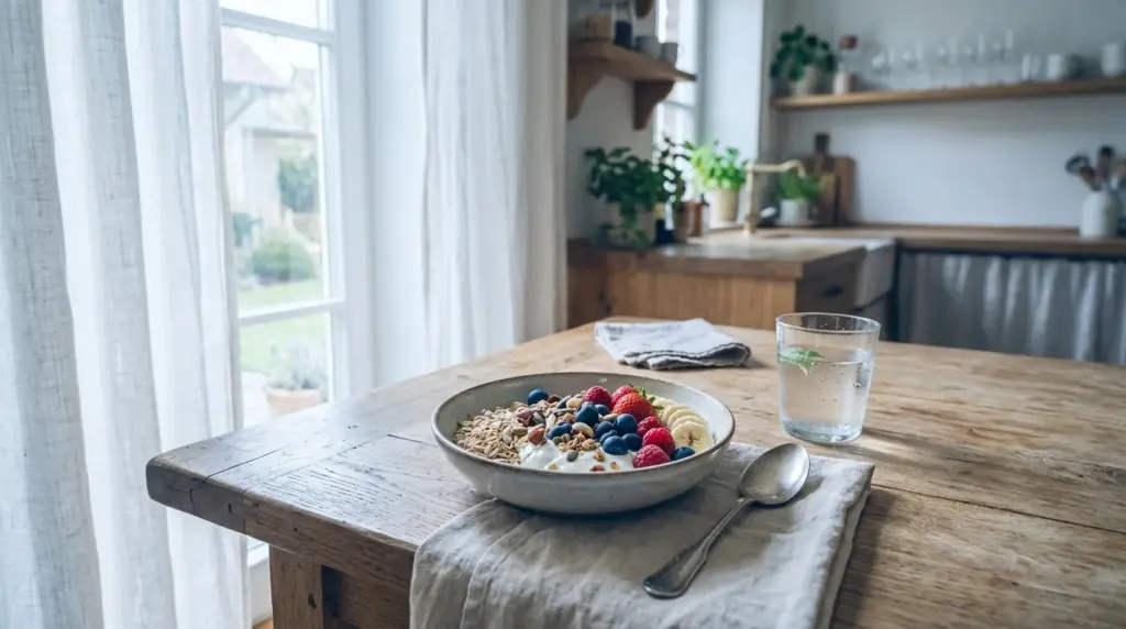 Verdauung: Gesunde Lebensmittel auf Holztisch