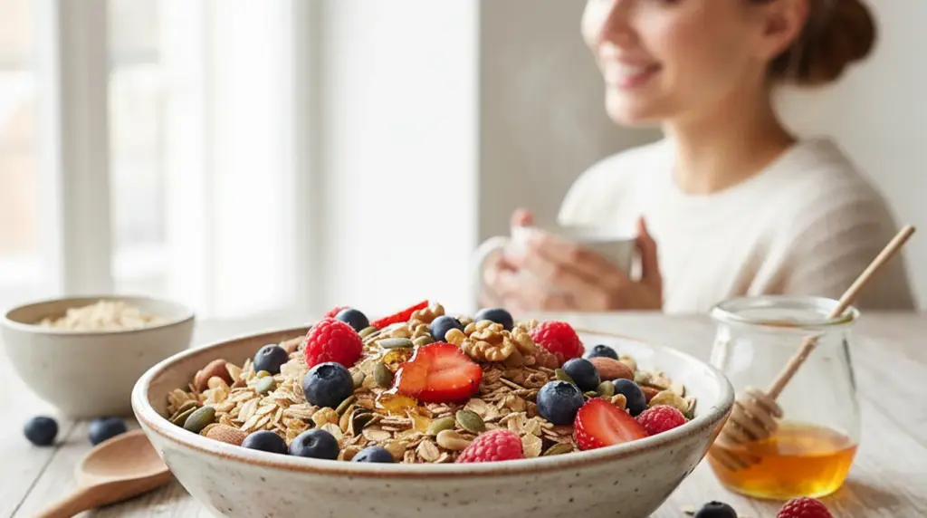 Gesundes selbstgemachtes Müsli mit Haferflocken, frischen Beeren und Nüssen