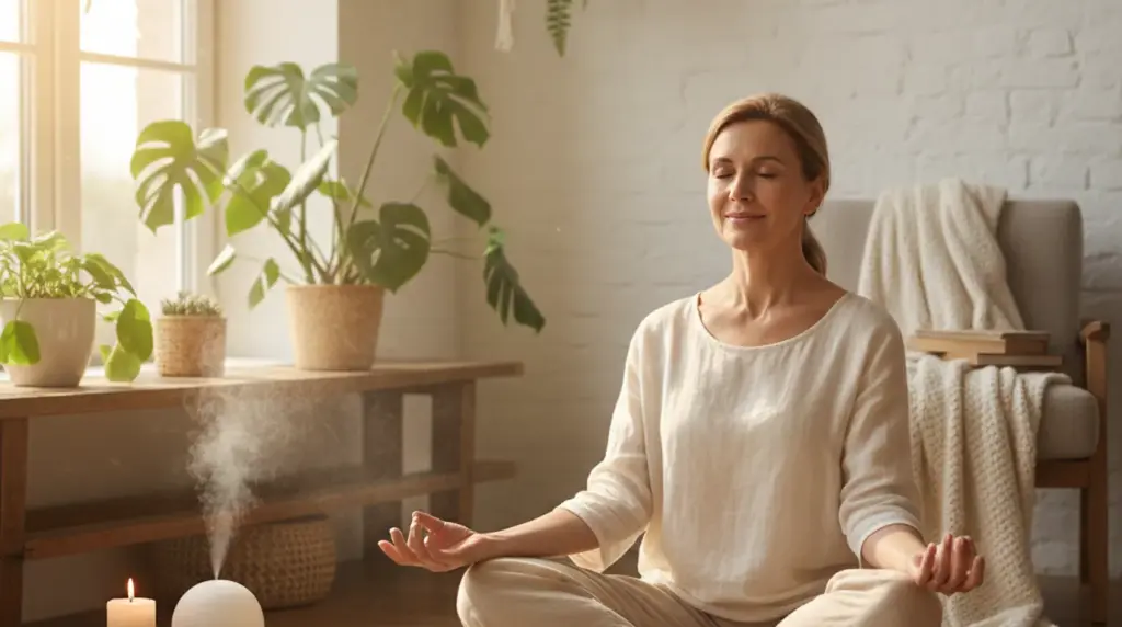 Frau mittleren Alters bei Yoga-Übungen für hormonelle Gesundheit