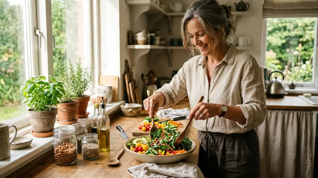 Frau bereitet gesunden Salat mit Blattgemüse und Mandeln, natürliche warme Küchenbeleuchtung