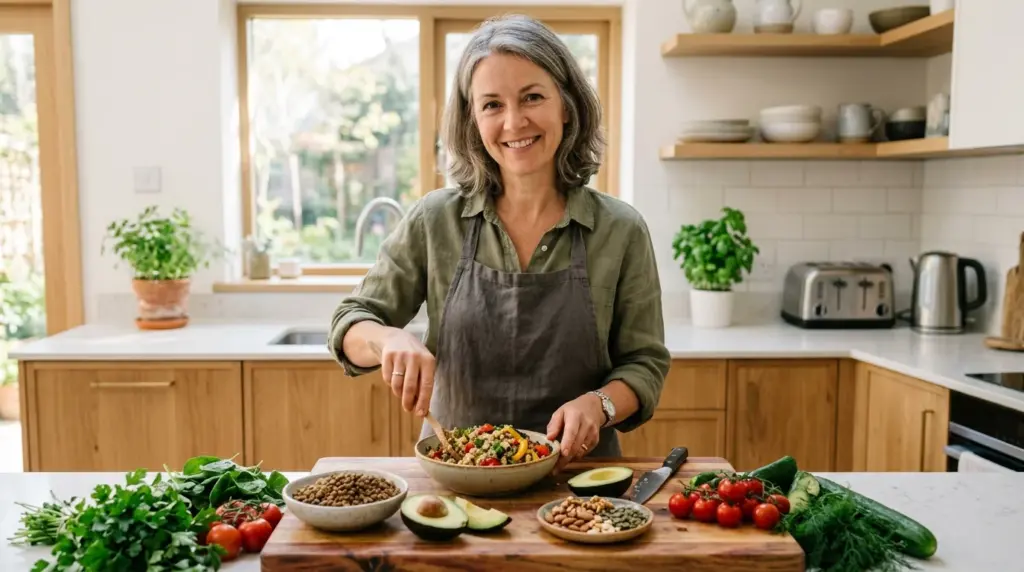 Frau bereitet gesunde Protein-Mahlzeit mit Quinoa, Linsen und Gemüse
