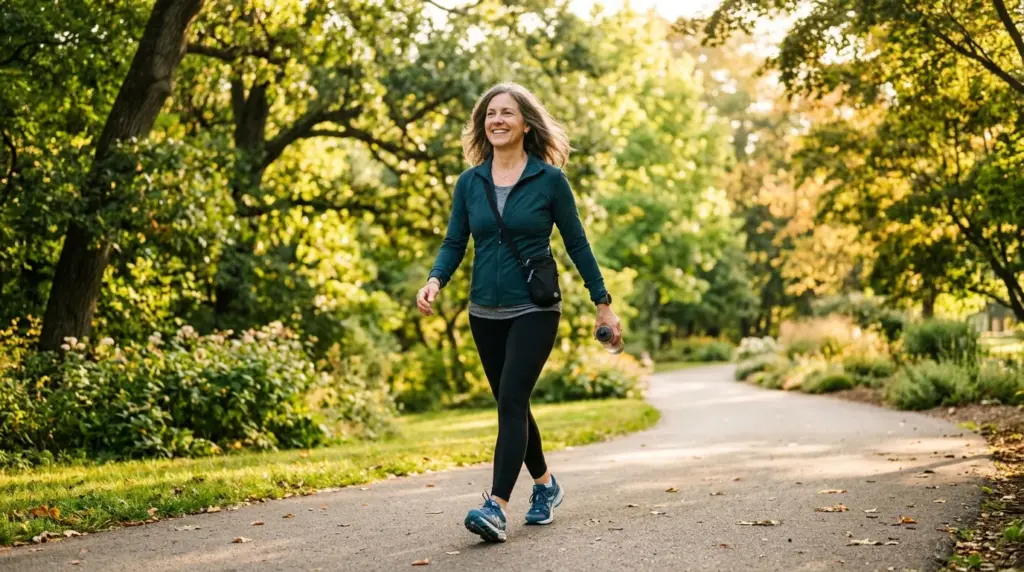 Frau beim Walking im Park, Zone 2 Training für Anfänger, natürliches Morgenlicht