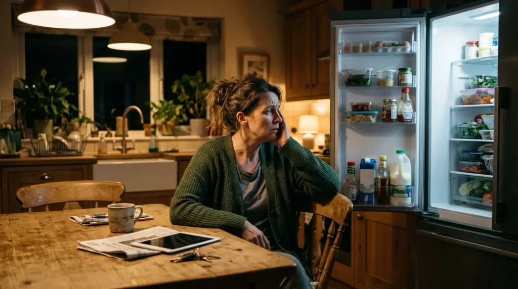 Frau abends erschöpft vor dem Kühlschrank, Decision Fatigue Konzept