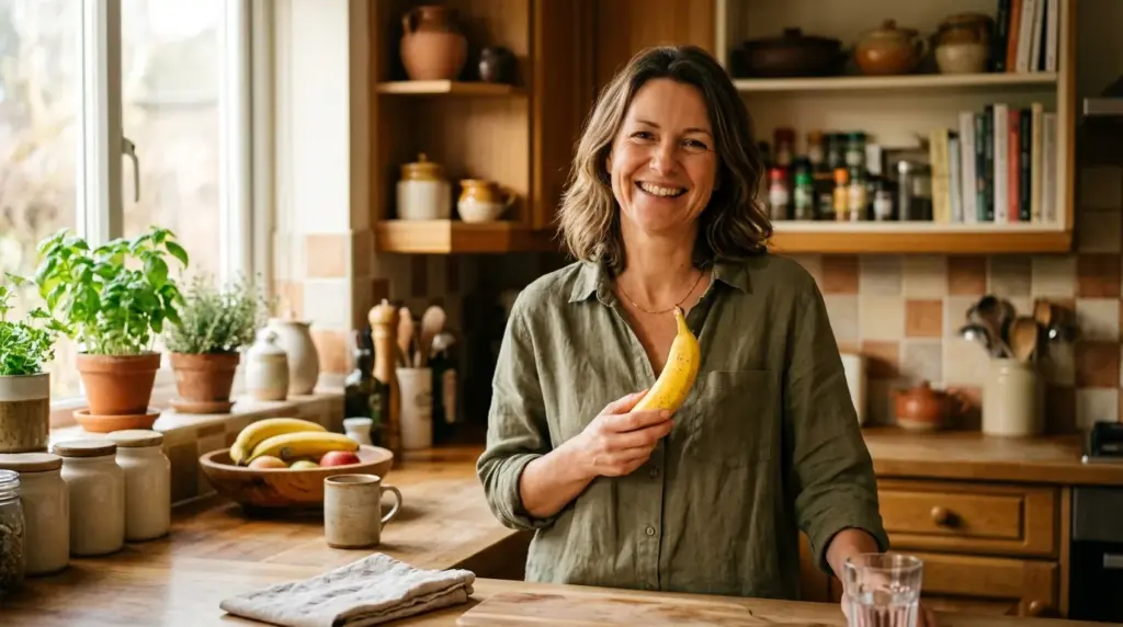Frau über 40 hält frische Banane in natürlicher Küche