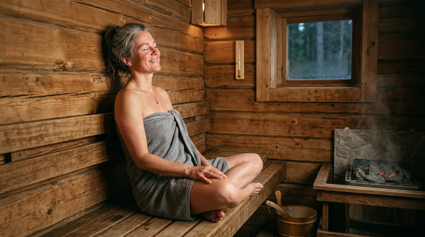 Frau über 40 entspannt in Sauna mit warmem Holzinterieur
